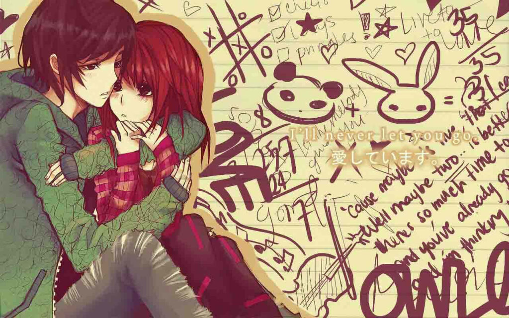 Keywords: illustration, sweet, anime couple, cuddling, writings, doodles, wall, backgroundAlternate title: Romantic Anime Illustration with Wall of Thoughts and Doodles Wallpaper