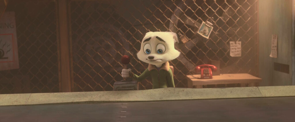 Swifty from Arctic Justice holding lever in dim room emotional moment animated film wallpaper