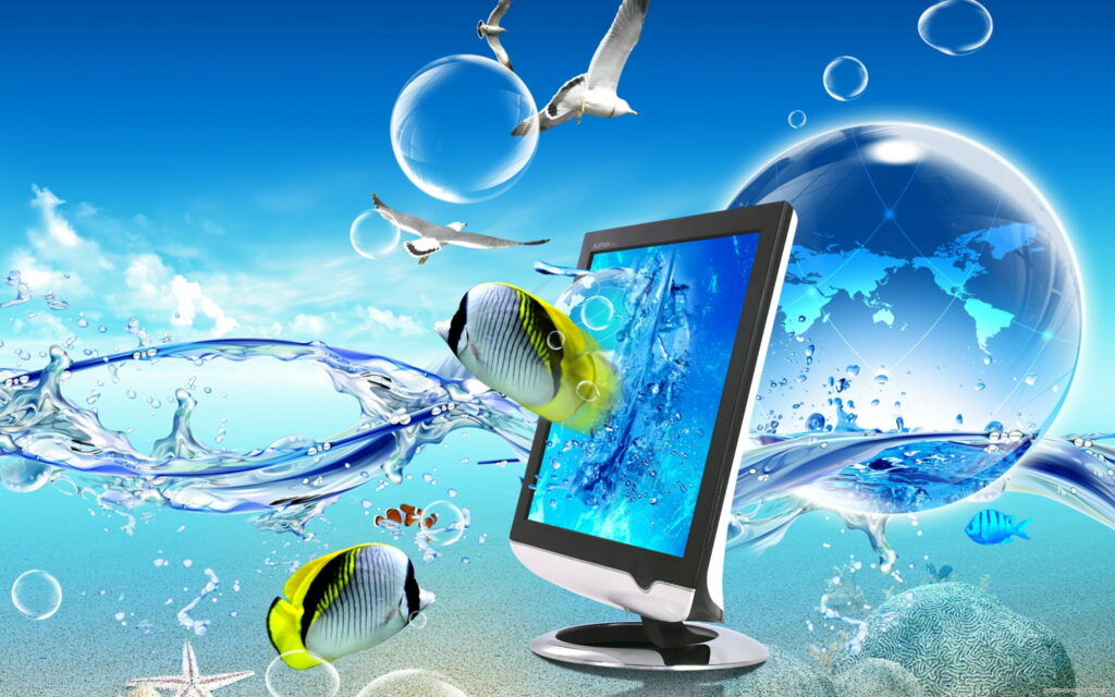 3D fish desktop wallpaper yellow butterflyfish splashes from monitor sandy seabed bright blue sky