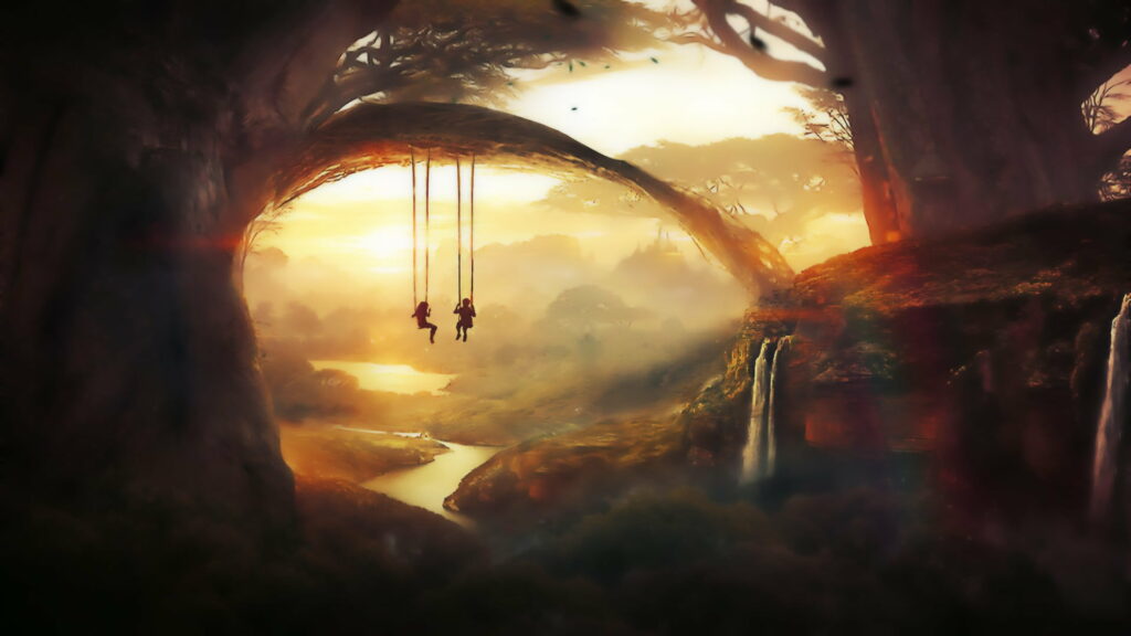 Silhouetted figures on rope swing under arched tree over misty forest valley sunset wallpaper