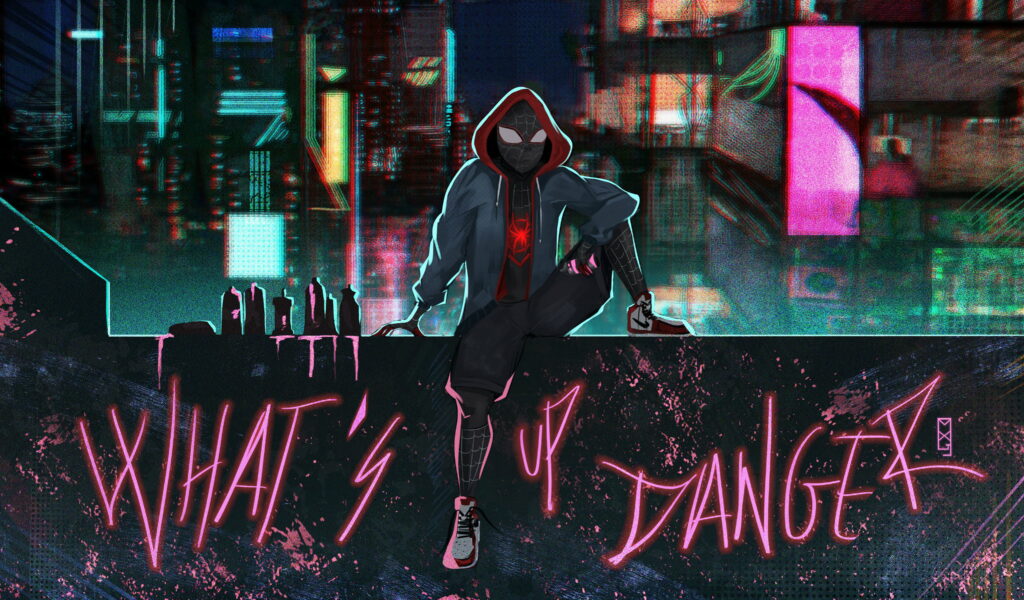 Vibrant Miles Morales Spider-Man Wallpaper with Urban Backdrop and What's Up Danger Title