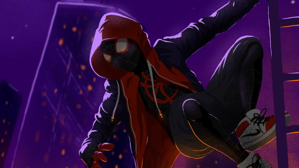 Dynamic Miles Morales Spider-Verse Wallpaper in Heroic Pose - Vibrant Purple Backdrop, Iconic Suit, Blurred City Lights - Background Image