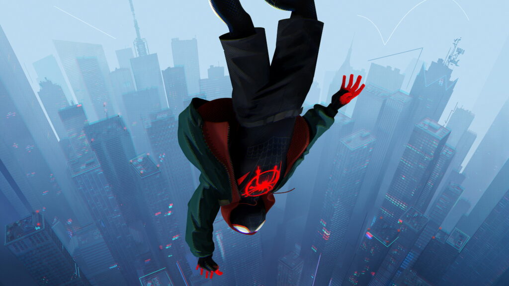 Miles Morales Spider-Man diving through hazy New York cityscape in black red suit wallpaper