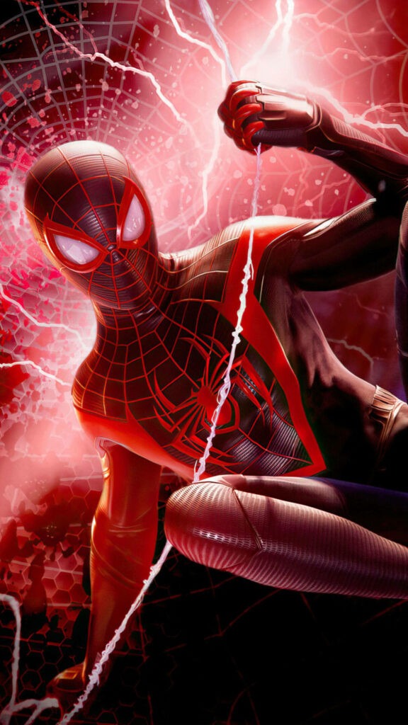 Swinging Through the Storm: 4k Phone Background of Spider-man Miles Morales with Red Lightning Wallpaper