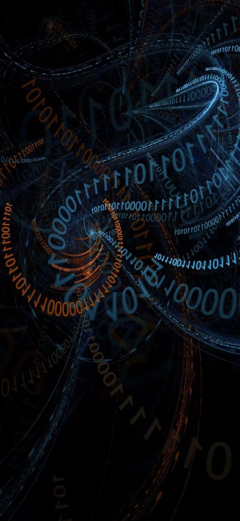 Dynamic digital wallpaper with glowing blue and amber binary code spirals on black background