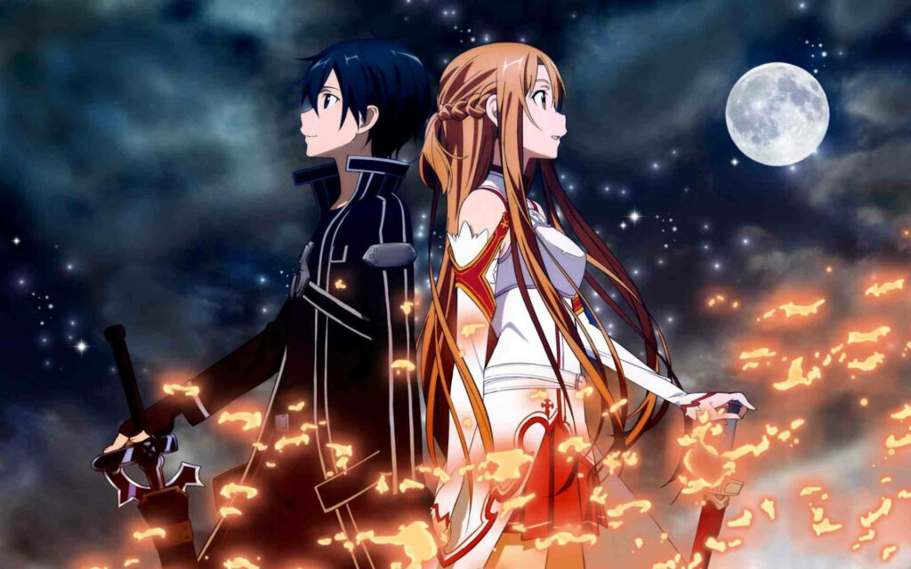Blades Unleashed: Epic Battle on the Digital Frontier - Vibrant Sword Art Online Anime Fight Wallpaper