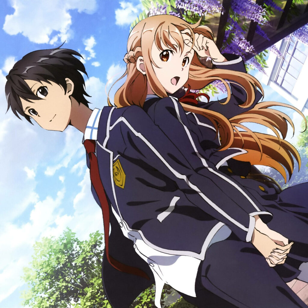Love Transcends Reality: Asuna and Kirito's Tender Hand-holding Moment Amidst the School's Scenic Backdrop Wallpaper
