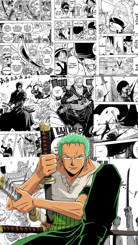 Legendary Swordsman: Zoro's Manga Evolution Captured in a Stylish One Piece Aesthetic Collage Wallpaper