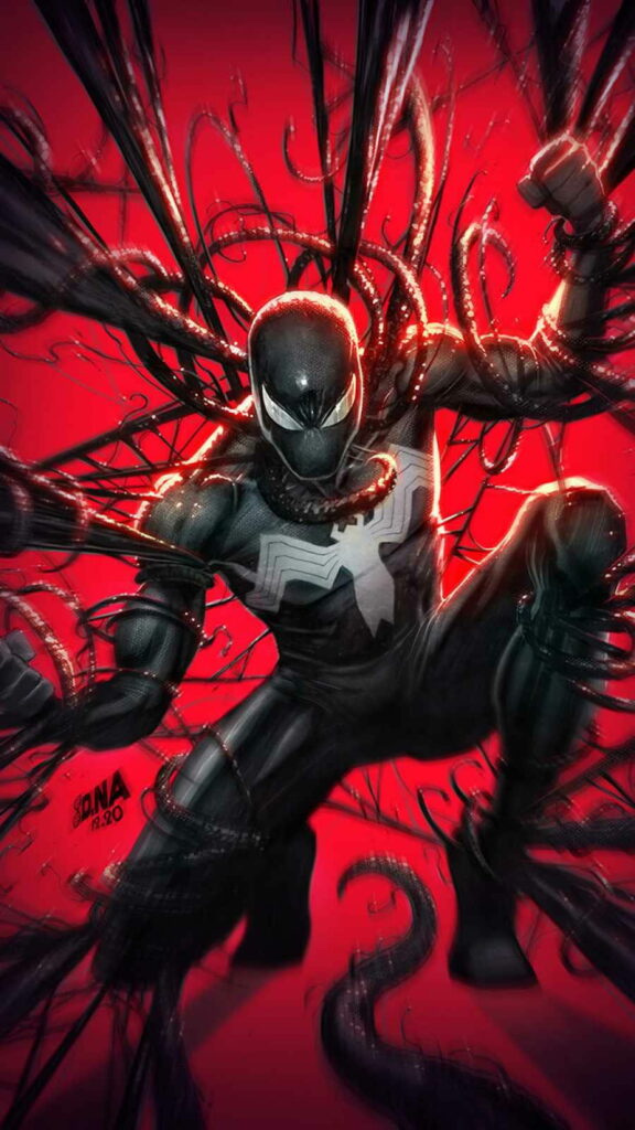 Symbiote Spider-Man in dynamic pose with black tendrils on red background HD phone wallpaper