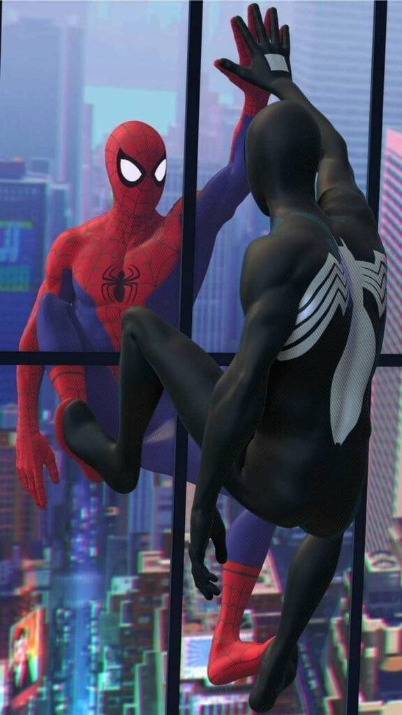 Symbiote Spiderman vs Classic Spiderman face off through city window comic-style HD wallpaper