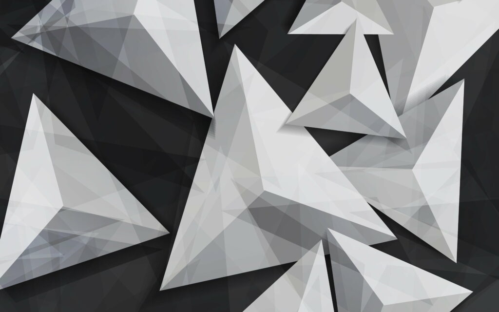 Tridimensional Geometric Symphony: A HD Wallpaper Showcasing the Elegance of Triangles and Geometric Shapes on a Serene Gray Background
