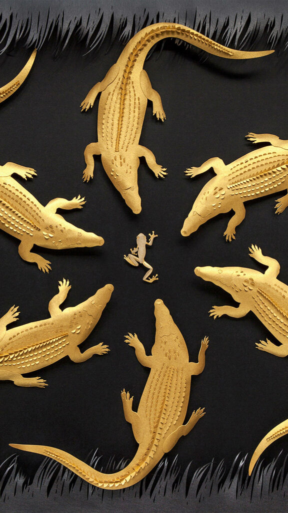 Stunning Golden Alligator Wallpaper with Frog on Dark Background