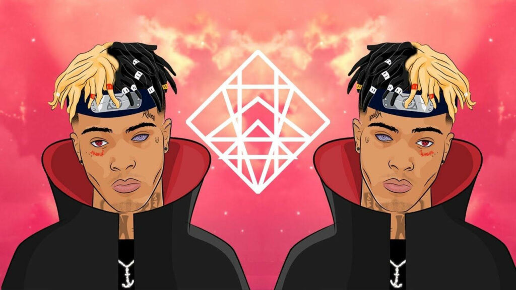 XXXTentacion in Naruto Akatsuki cloak on glowing red geometric digital art wallpaper background