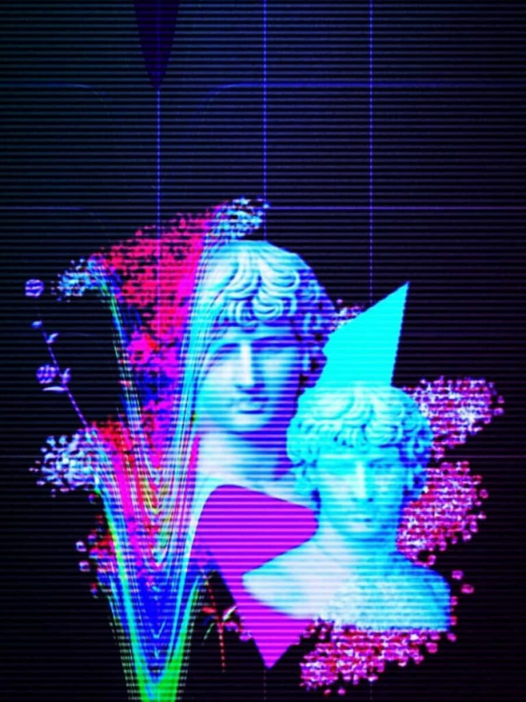 Electric Dreamscapes: Neon-infused Breaths of Ancient Artistry in a Radical 80s Vaporwave Digital Wallpaper