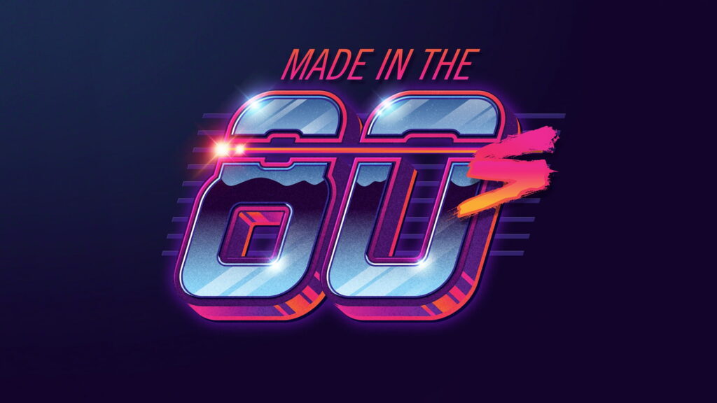 Retrowave wallpaper with chrome MADE IN THE 60 text neon synthwave purple cyan magenta background