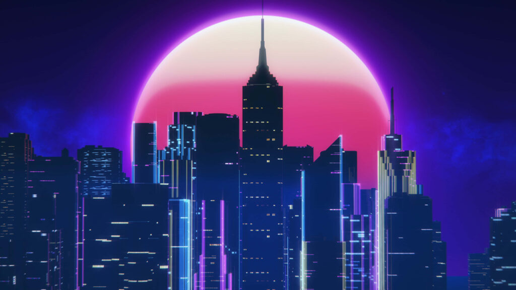 Synthwave City: Nightlife in this Shimmering Retro futuristic Metropolis Wallpaper