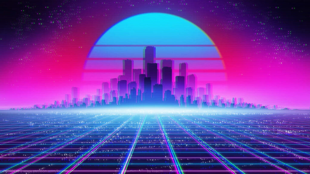 Synthwave Dreams: Neon-Electro Metropolis against a Pastel Horizon Wallpaper