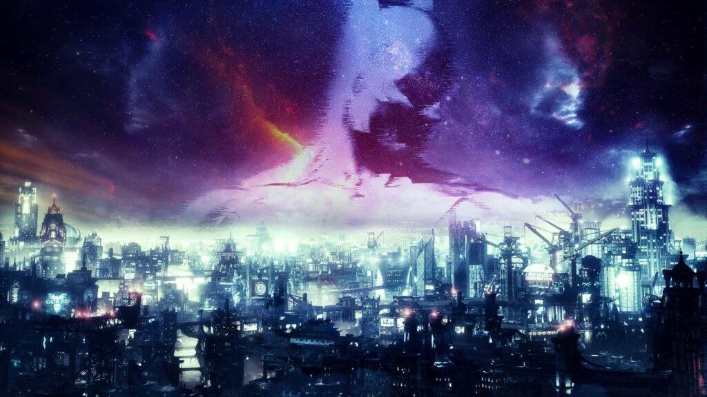 Neon Nights: A Futuristic Cityscape Enveloped by a Mesmerizing Sky Wallpaper
