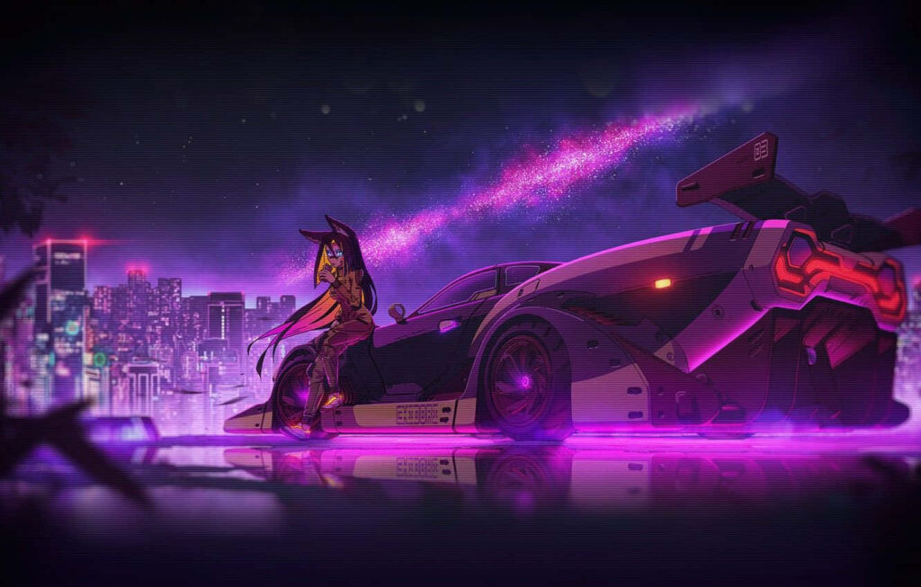 Cyberpunk Paradise: A Futuristic Cityscape with a Playful Kitty atop a Retro Ride Wallpaper