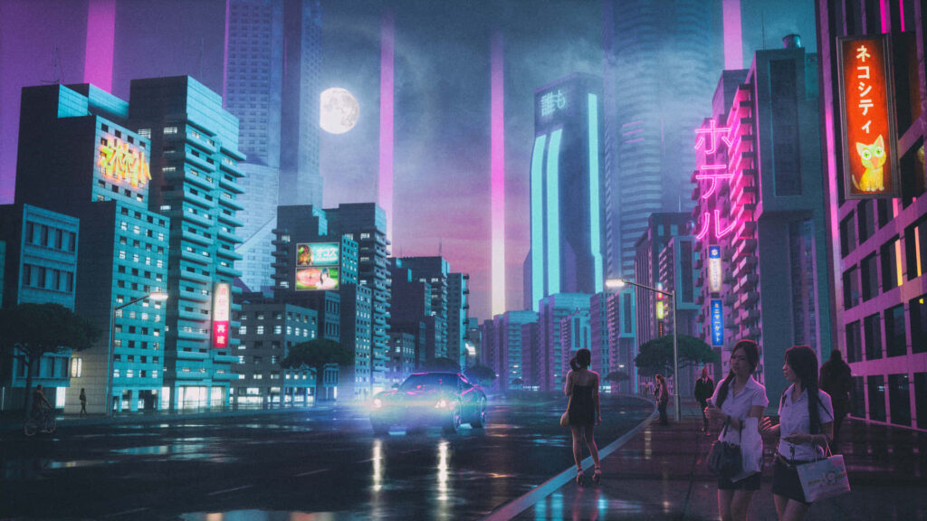 Voyage through a mesmerizing Synthwave metropolis, where neon glows illuminate the futuristic cityscape Wallpaper