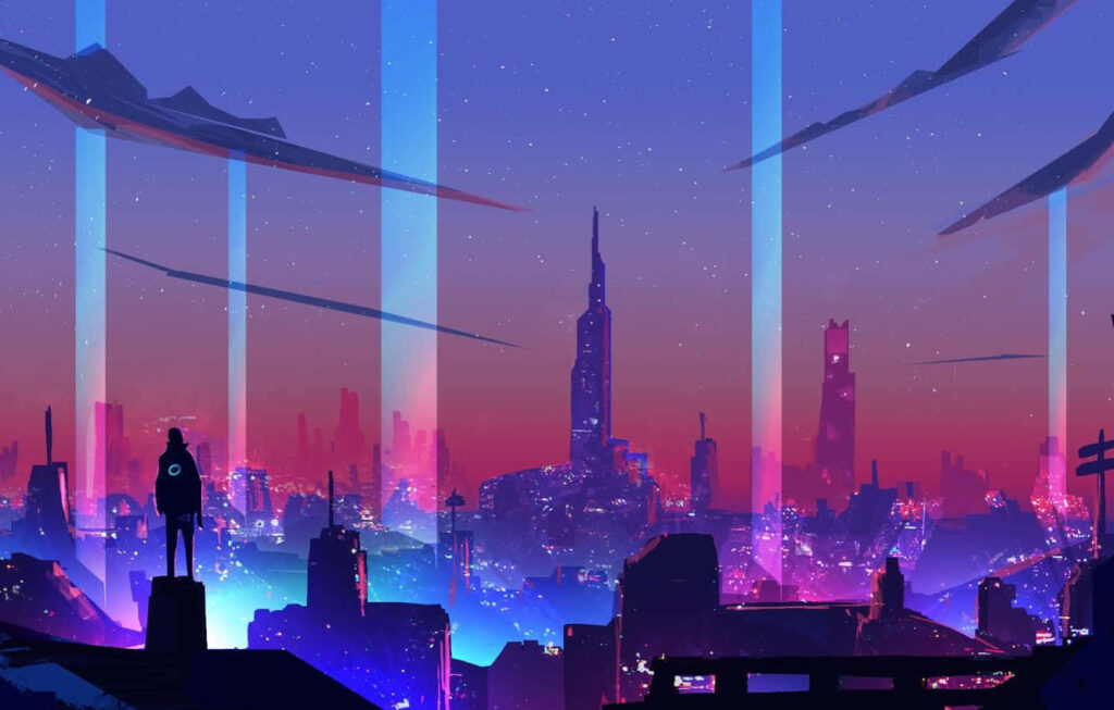 Synthwave City: A Retro-Futuristic Adventure Awaits in the Glow of Neon Skyscrapers Wallpaper