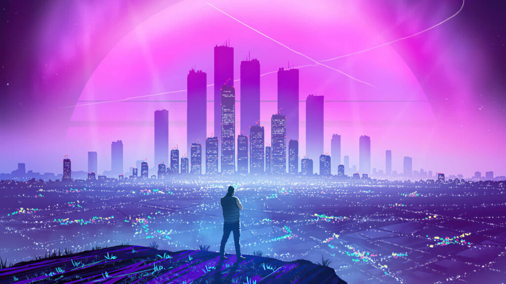 Neon City Heights: Enigmatic Figure Gazes from the Edge Wallpaper