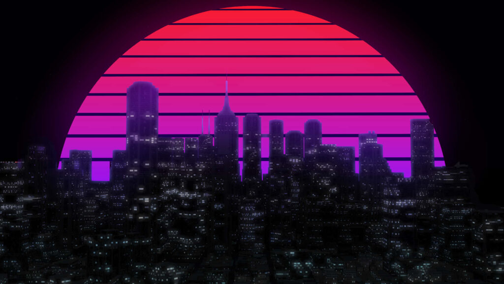 Futuristic Dreamscape: The Neon-lit Metropolis Against a Striped Moon Wallpaper