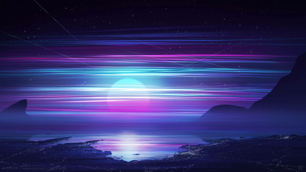 Retro Night's Luminous Serenade: Moonlit Synthwave Symphony by the Neon Sea Wallpaper