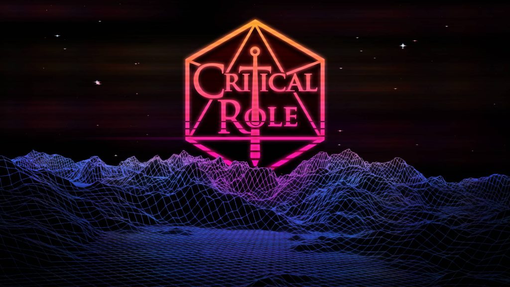 Synthwave Critical Role wallpaper neon D20 logo over digital wireframe mountains purple grid