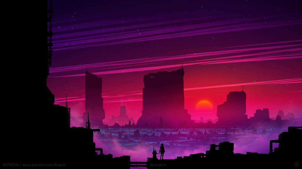 Futuristic Utopia: Gazing Into a Neon-Lit Metropolis at Sunset Wallpaper