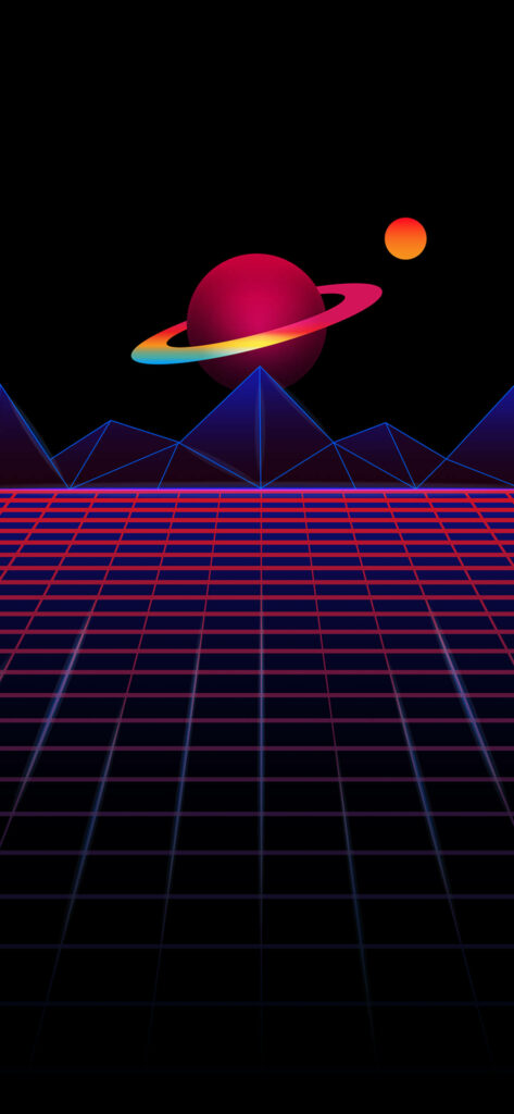 Synthwave Serenity: Vibrant iPhone AMOLED Wallpaper showcasing a Ringed Planet and Majestic Mountain Vistas