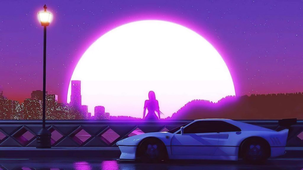 Ferrari F40 synthwave wallpaper neon purple sunset city silhouette chill desktop background