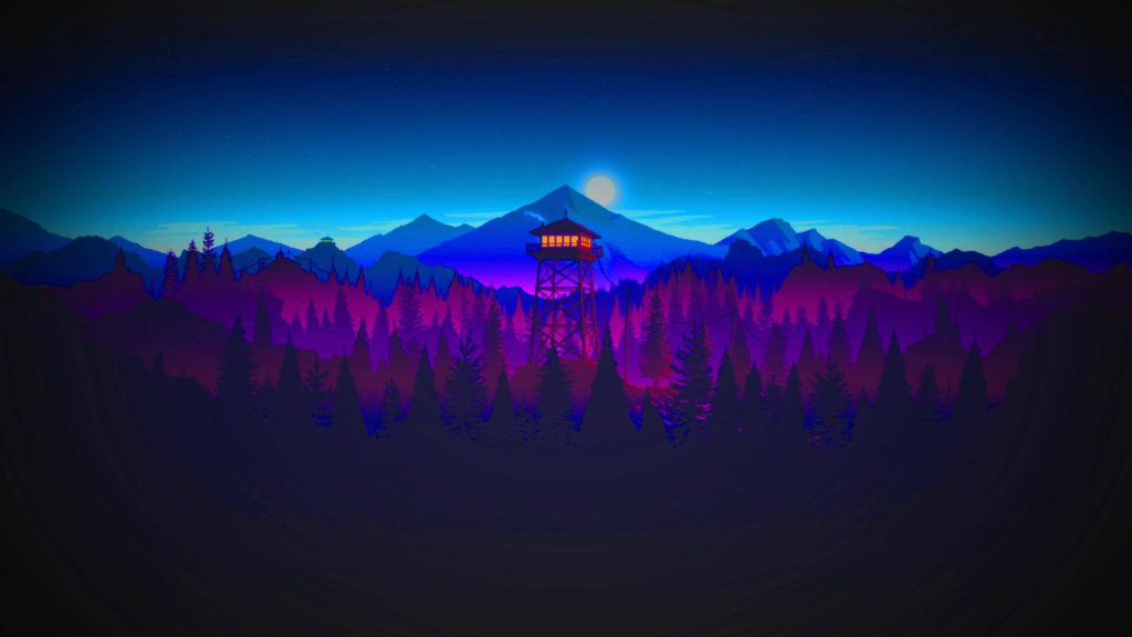 Fire lookout tower in dark pine forest with vibrant synthwave colors mountain landscape wallpaper