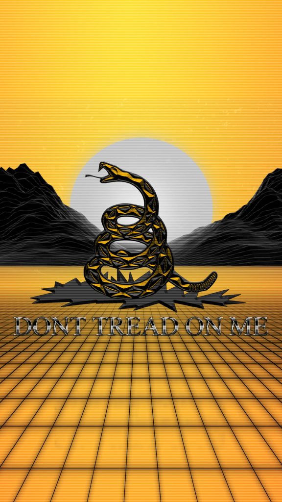 Synthwave Gadsden flag with metallic rattlesnake sunset neon grid retro digital wallpaper