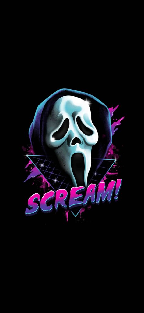 Synthwave Ghostface wallpaper neon pink blue retro grid black background Scream mask digital art