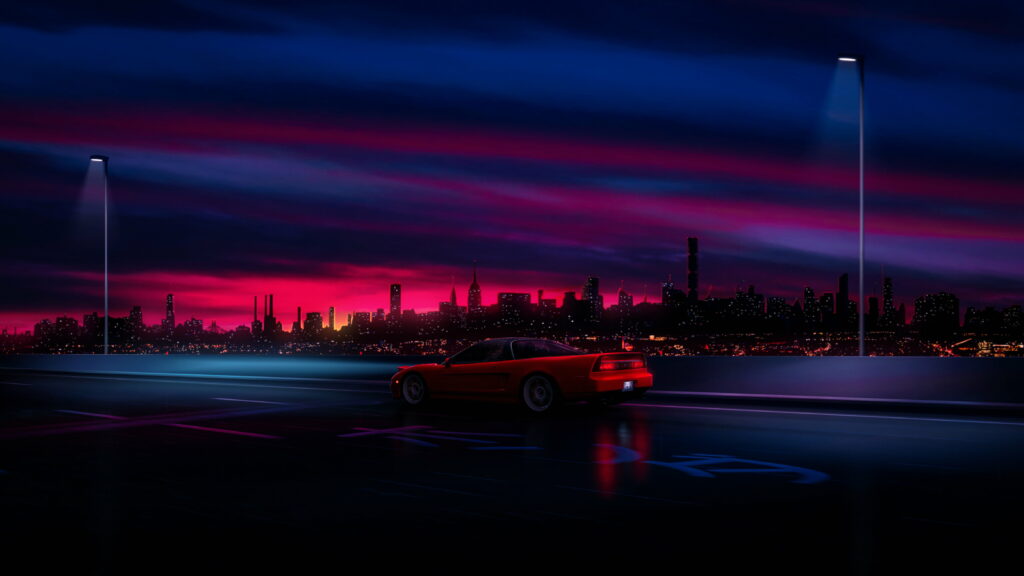 Synthwave Nights: Red Honda Car Rendered in Artwork Wallpaper