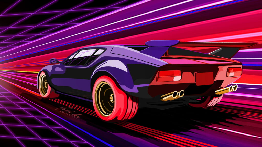 Retro synthwave wallpaper of neon purple classic sports car racing on glowing 80s grid