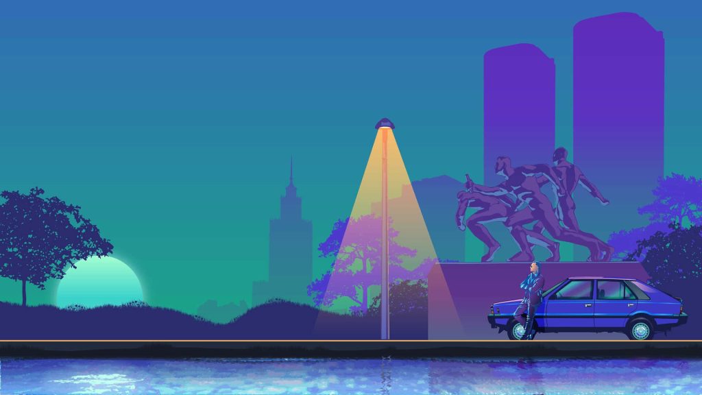 Man leaning on blue sedan street lamp Warsaw skyline synthwave retro digital art wallpaper