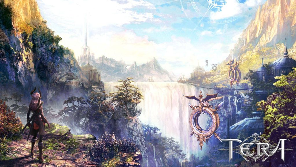 Castanic character overlooking fantasy landscape with waterfall floating rings and distant city Wallpaper