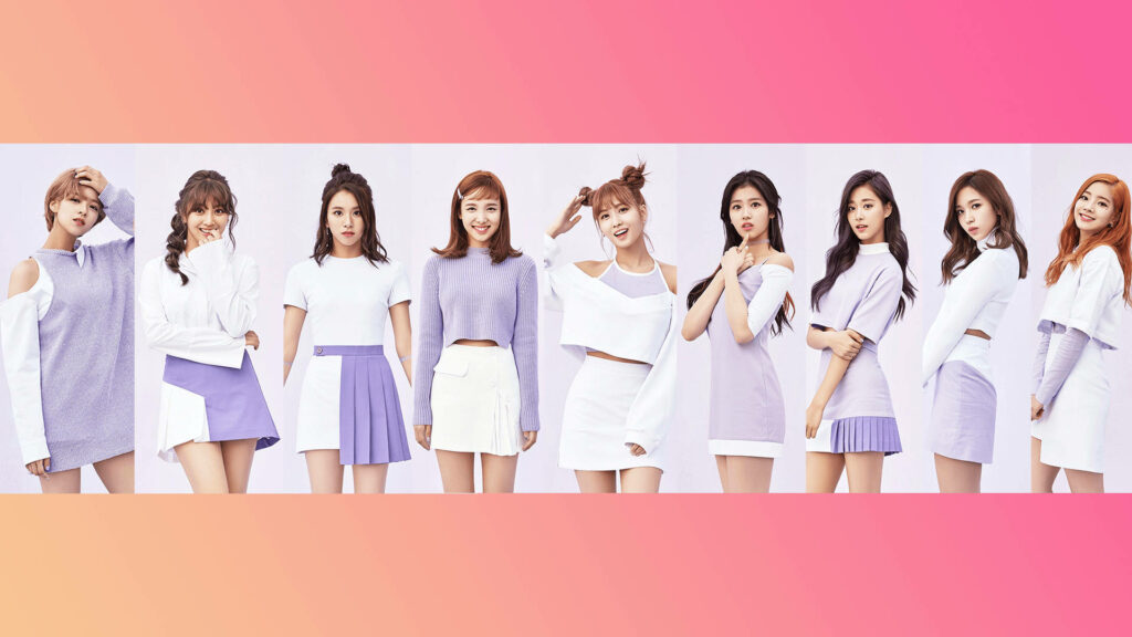 TWICE's Beautiful Bond: Nine Members in matching White and Lavender Outfits Pose for a Stunning Wallpaper
