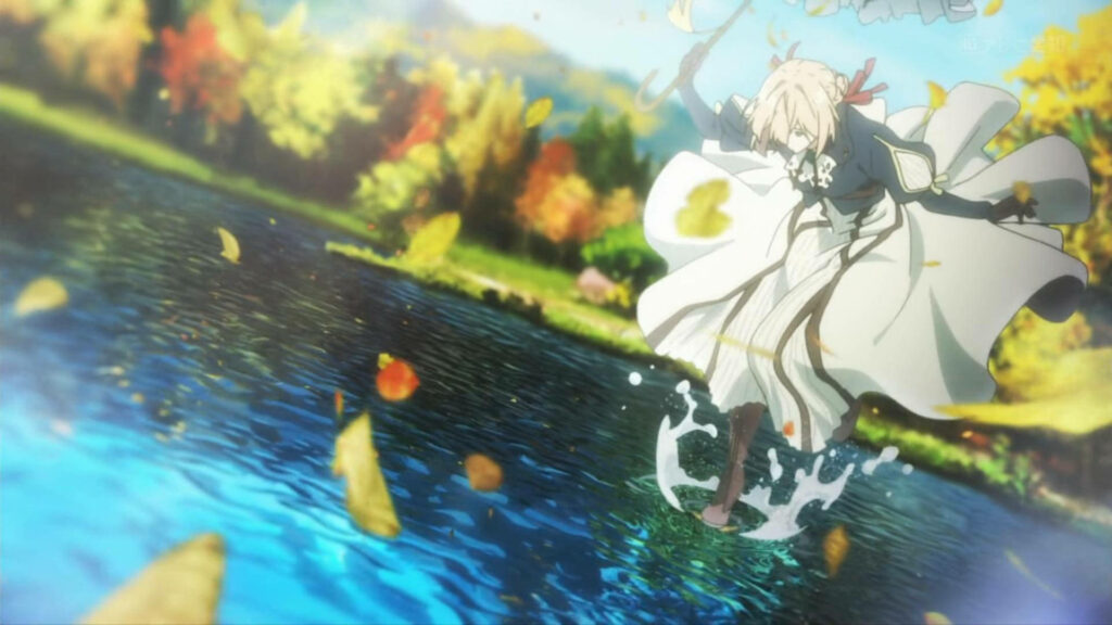 Violet Evergarden gracefully stepping into serene autumn landscape Wallpaper