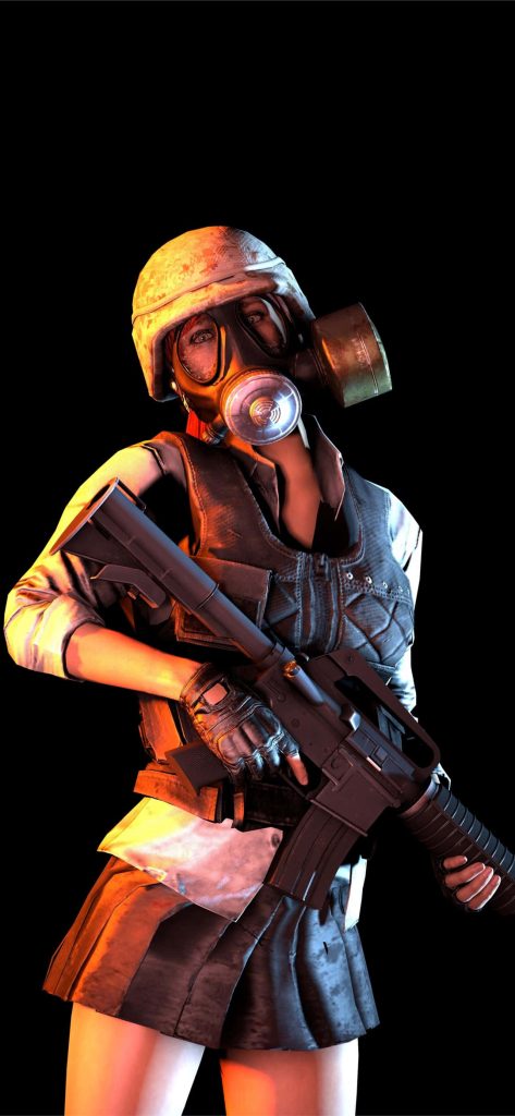 3D tactical female survivor in gas mask and military gear with assault rifle orange rim light Wallpaper