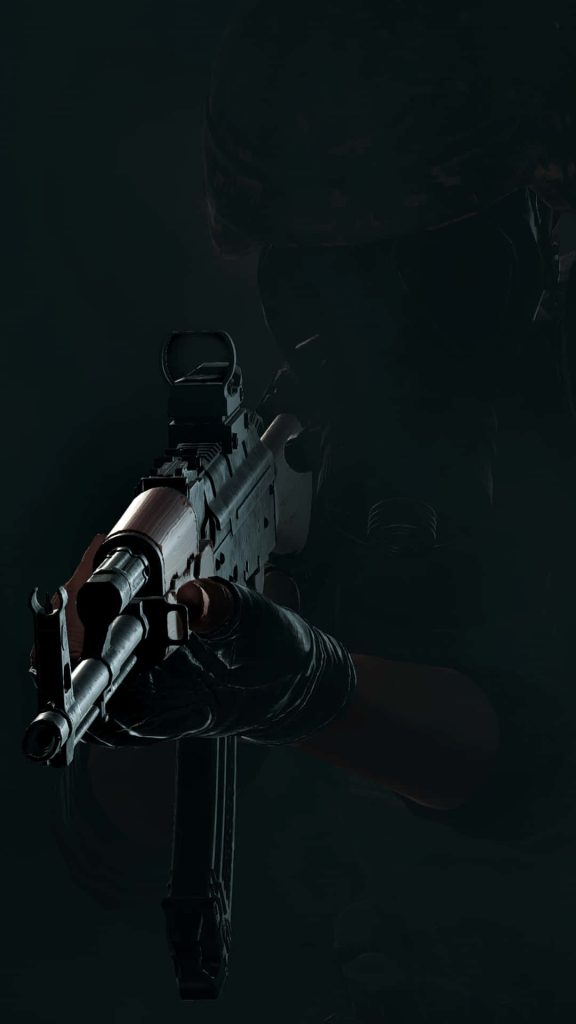 Tactical operator aiming AK assault rifle in dark high contrast CGI military digital art wallpaper