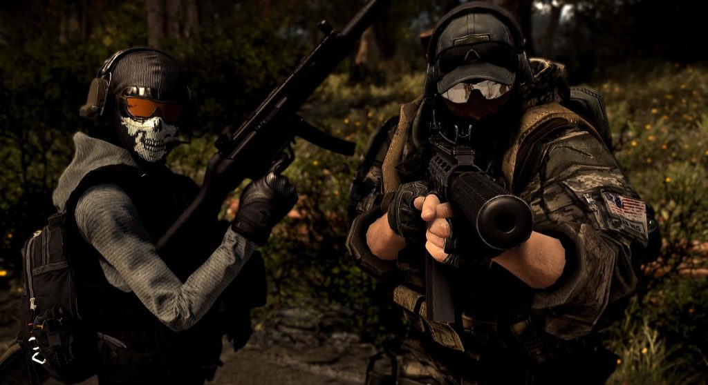 Two tactical operators in skull mask and camo patrol dark forest with suppressed rifle wallpaper