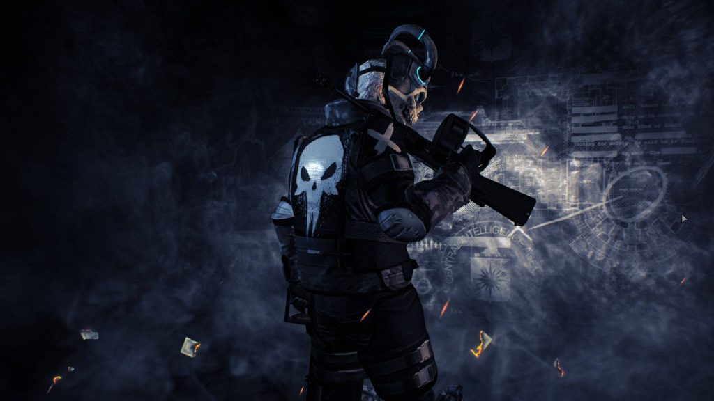 Tactical soldier in skull mask and Punisher vest with CIA hologram in smoky Rust game wallpaper