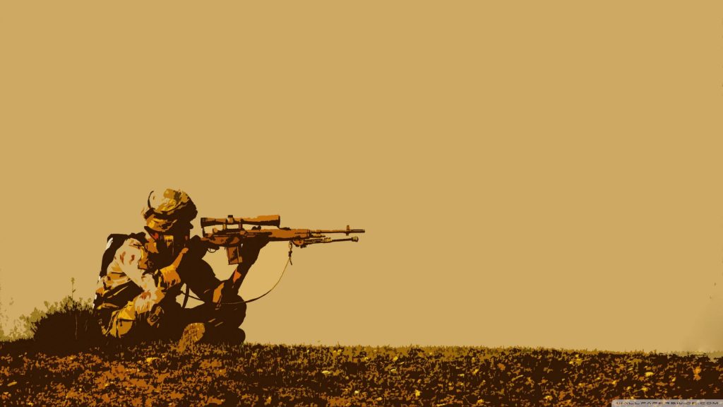 Silhouette of armed soldier aiming scoped rifle in gold high contrast tactical battlefield wallpaper