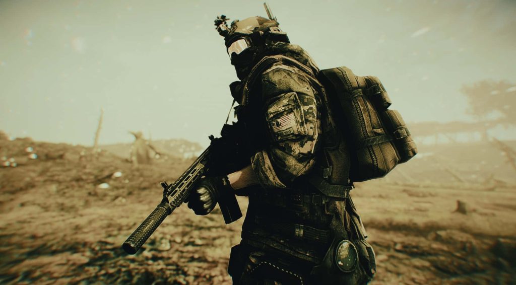 Tactical soldier in modern camo exploring dusty post-apocalyptic wasteland with rifle wallpaper