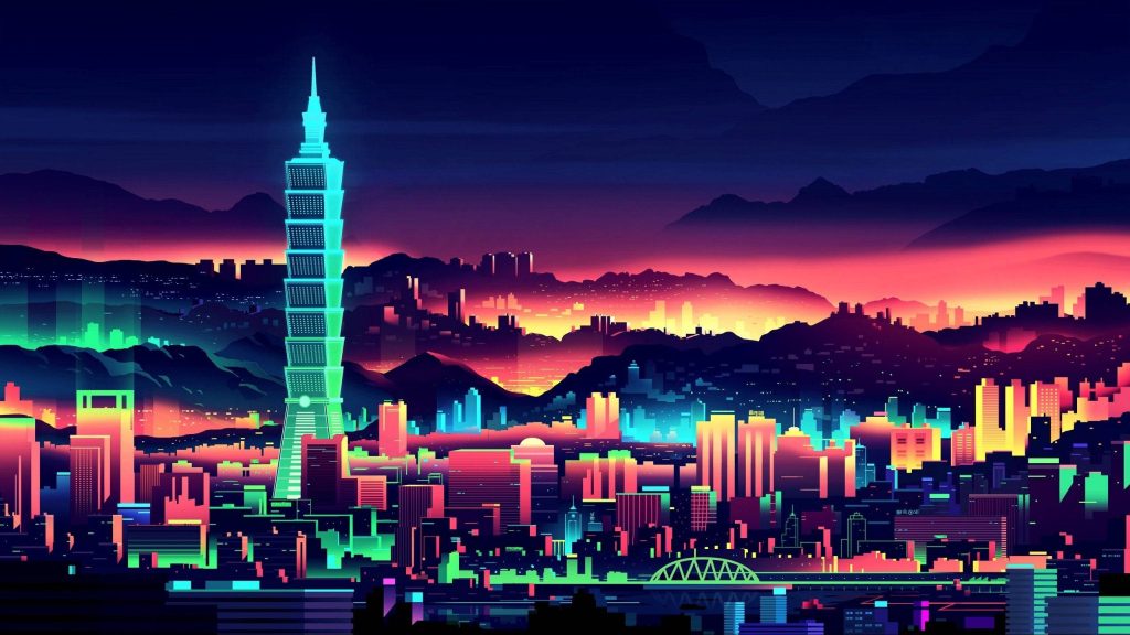 Retro 80s synthwave digital art of neon-lit Taipei 101 megacity with mountain sunset background Wallpaper