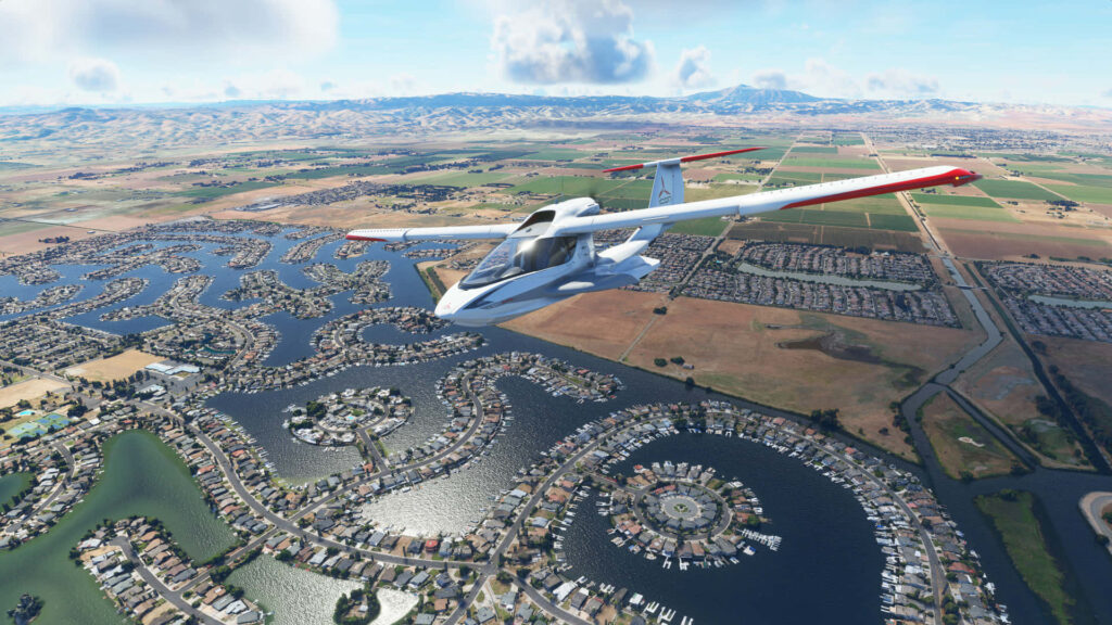 Immersive Microsoft Flight Simulator HD Wallpaper - Small Aircraft Over Detailed Landscape with Residential Areas and Waterways