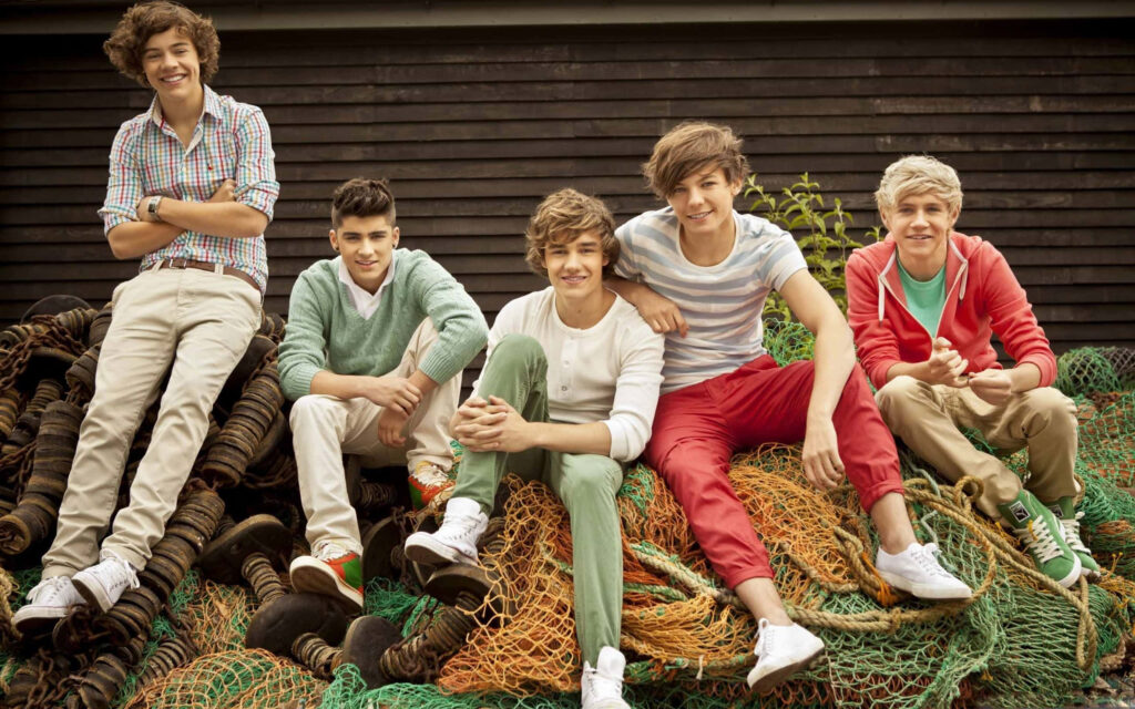One Direction Members Sitting on Fishing Nets - Smiling Wallpaper